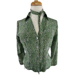 Vtg Tess Size 8 Silk Button Up Shirt Green Blouse Animal Print Lightweight
